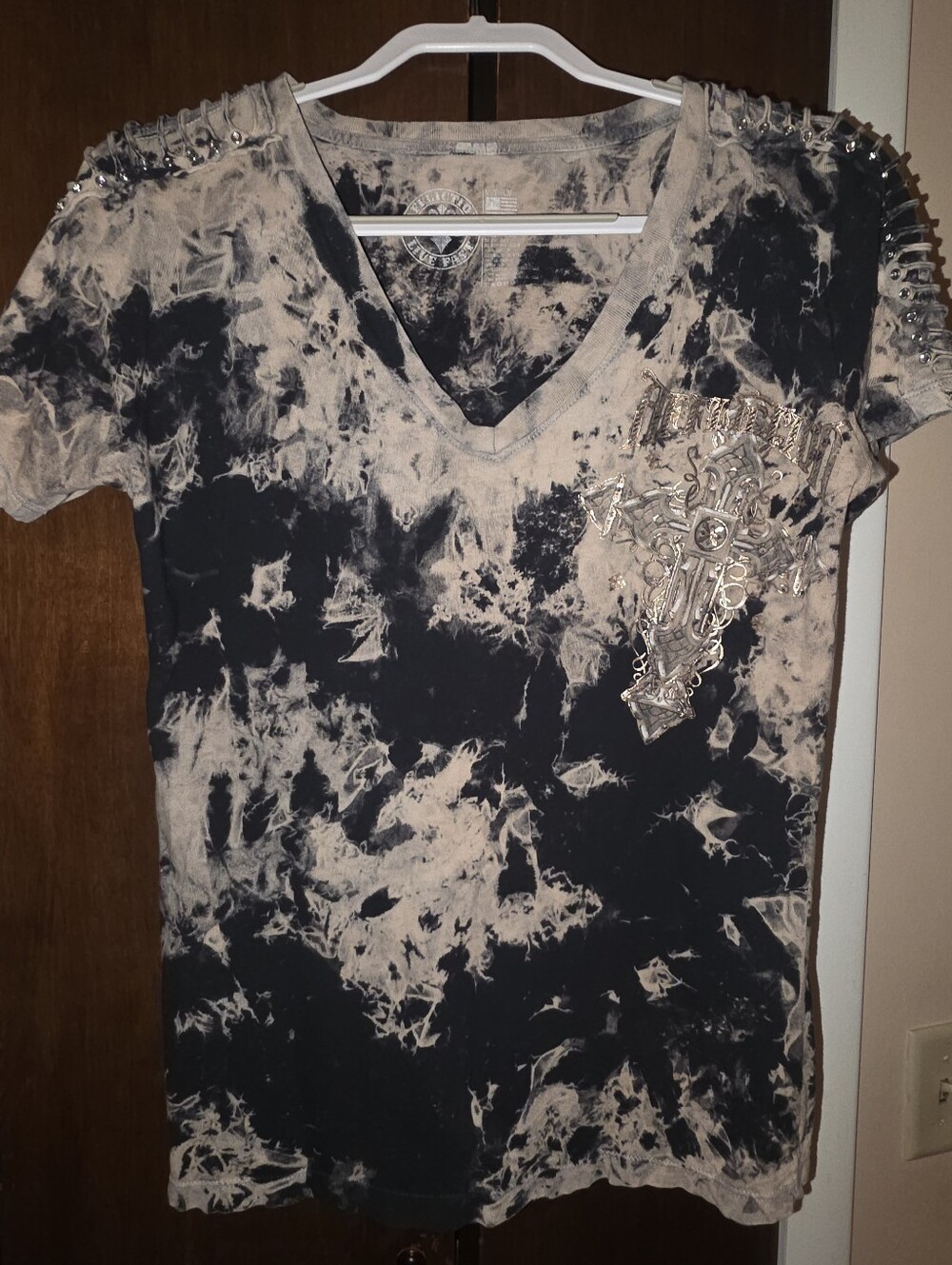 Affliction Black & Cream Tie-Dye V-Neck Top with Studded Shoulders